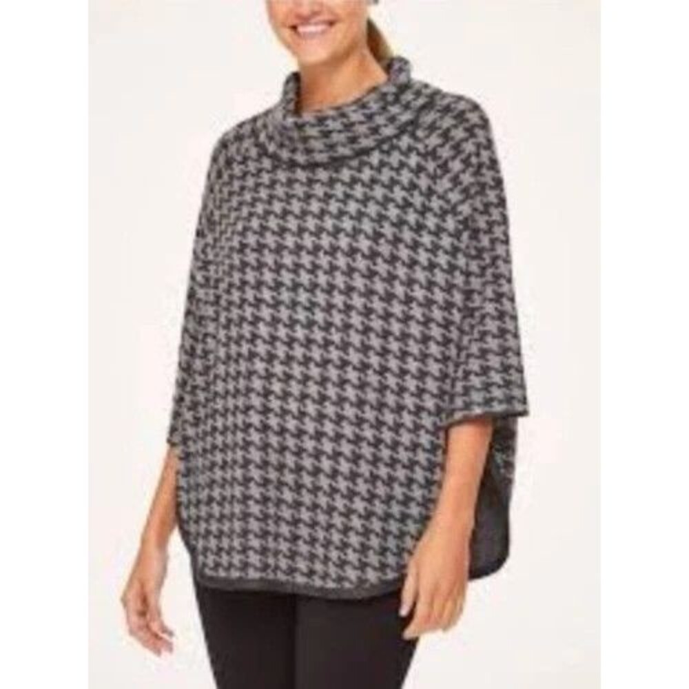 Loft Outlet Houndstooth Poncho Cowl Neck Black Gray Thick Knit Sweater XS/S